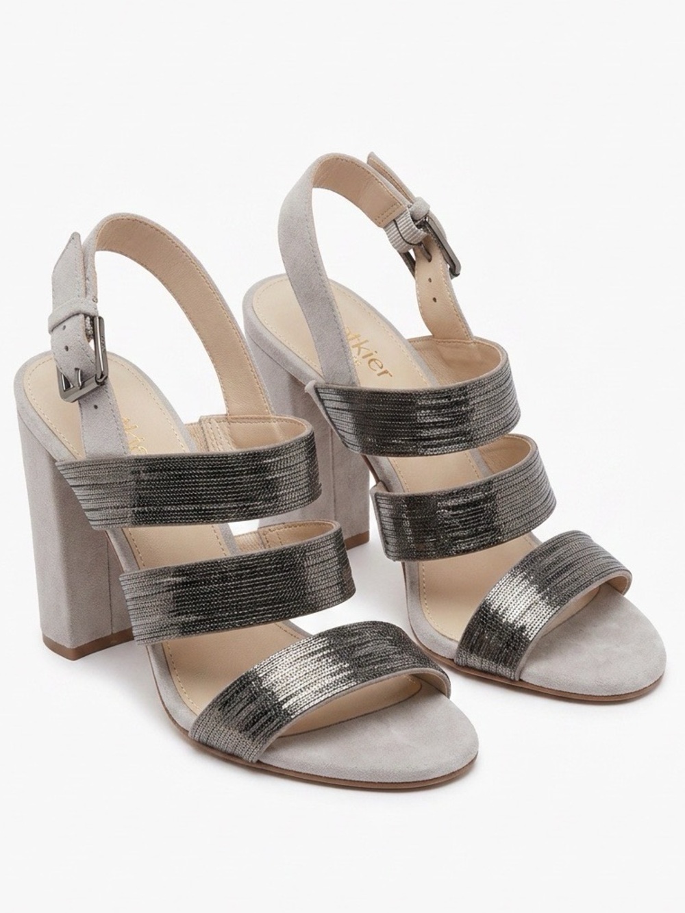 Botkier Metallic Gunmetal Grey Suede Block Heel Strappy Sandal - Size 9